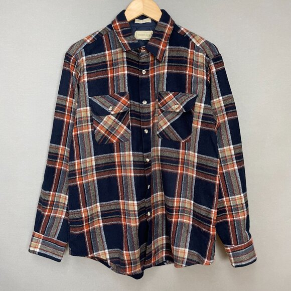 Vintage Plaid Shirt Shacket Men Large Long Sleeve Pockets Acrylic Button-Up Navy - Picture 13 of 14